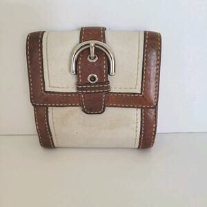 Coach Wallet Leather Bifold 5x4 Small White Brown Buckle Retro Vintage Two Tone